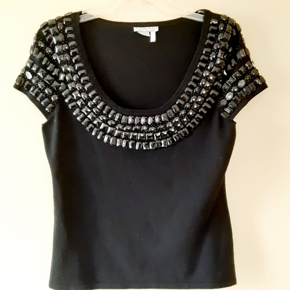 Alberto Makali Sweaters - Alberto Makali Scoop Neck Short Sleeve Beaded Top